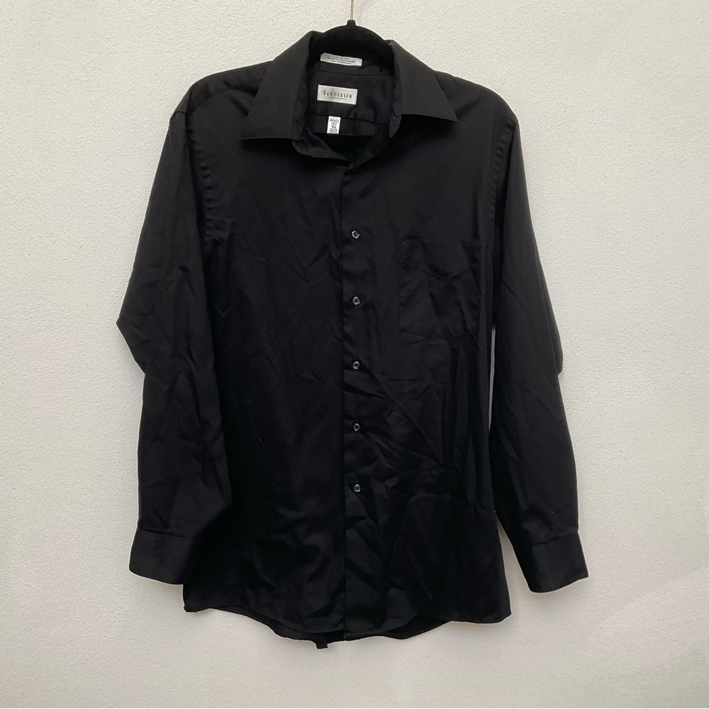 Van Heusen Lux Sateen Cotton Blend Black Button Down Long Sleeve Size M 32/33